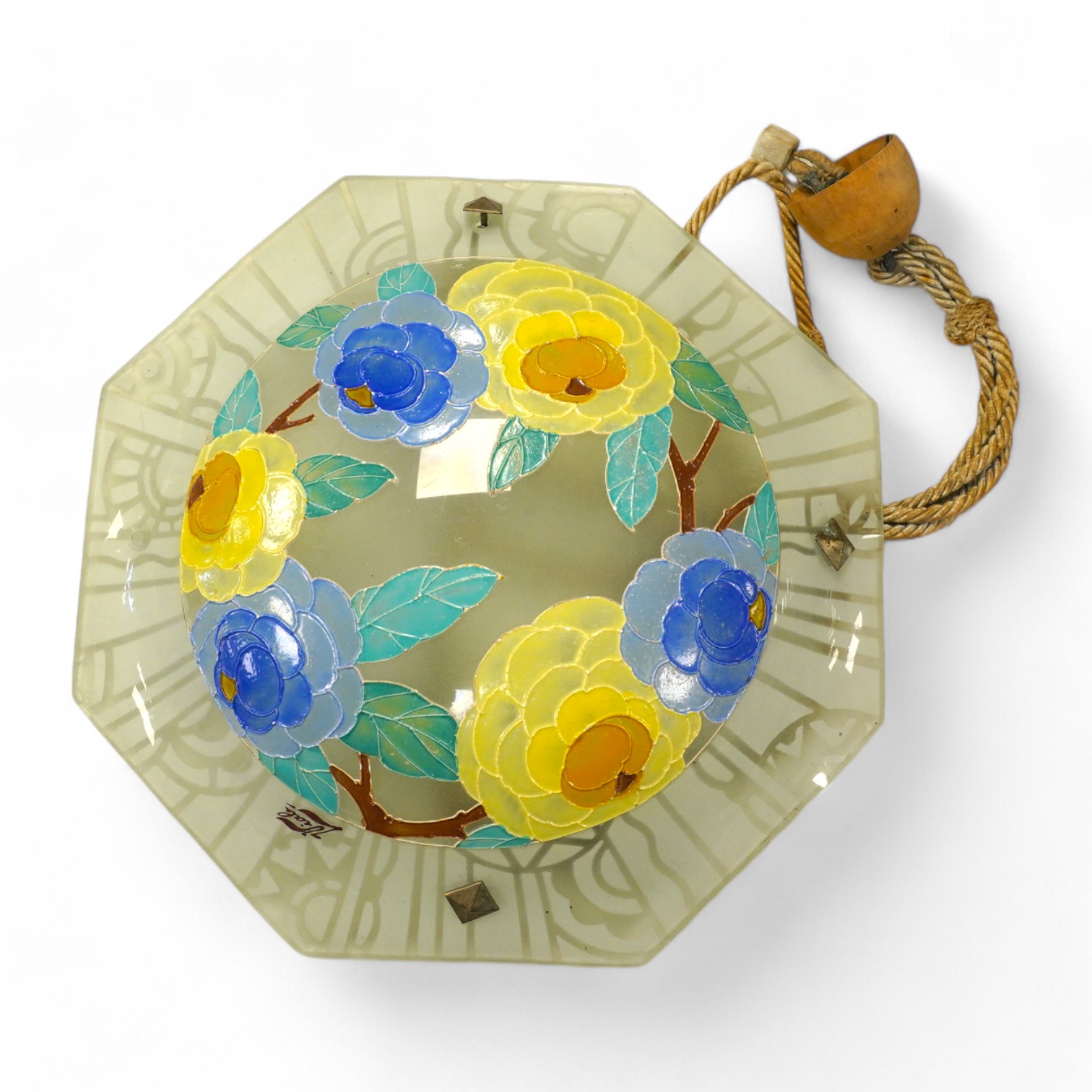 An L. Viale floral glass octagonal hanging light, 34.5cm diameter. Condition - fair to good